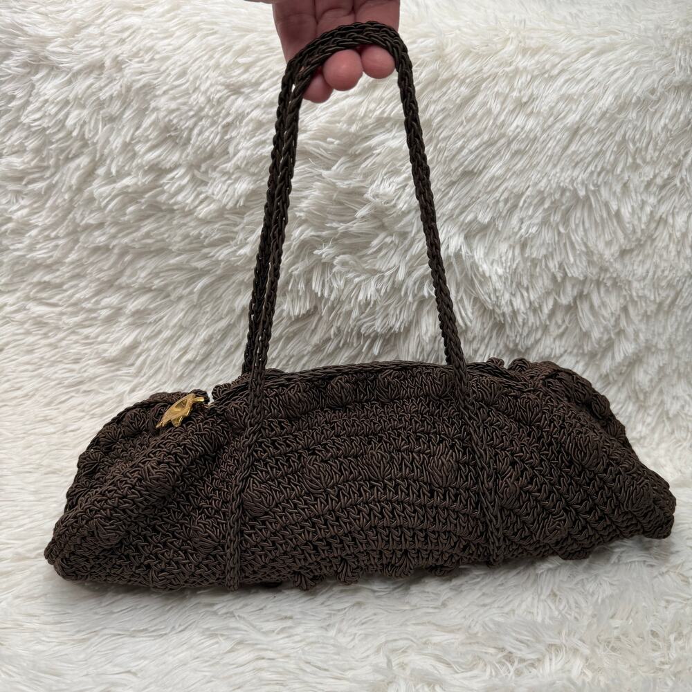 1940s Vintage Brown Cordé Crochet Handbag Gold Leaf Pull Double Handle 14” - Picture 4 of 16
